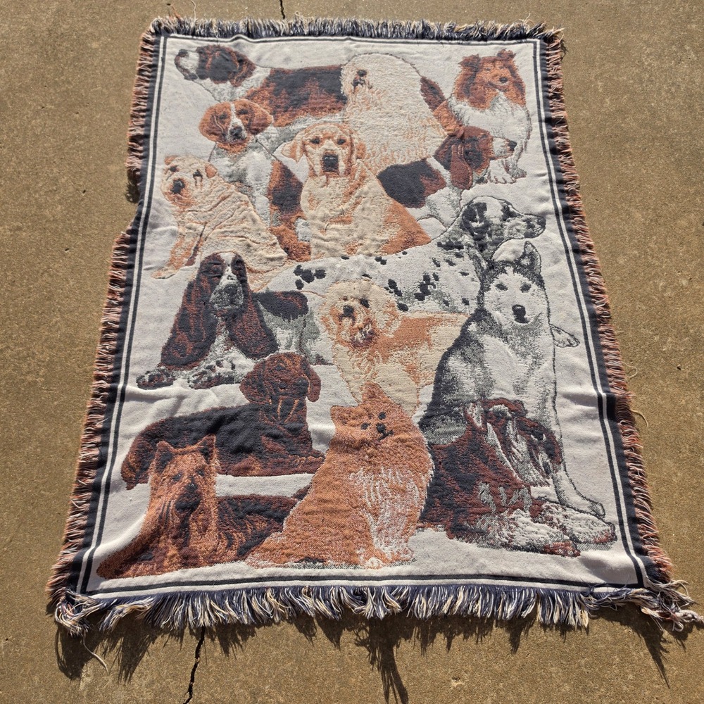 Vintage Goodwin Weavers Dog Breed Woven Cotton Tapestry Throw Blanket 46x65 USA